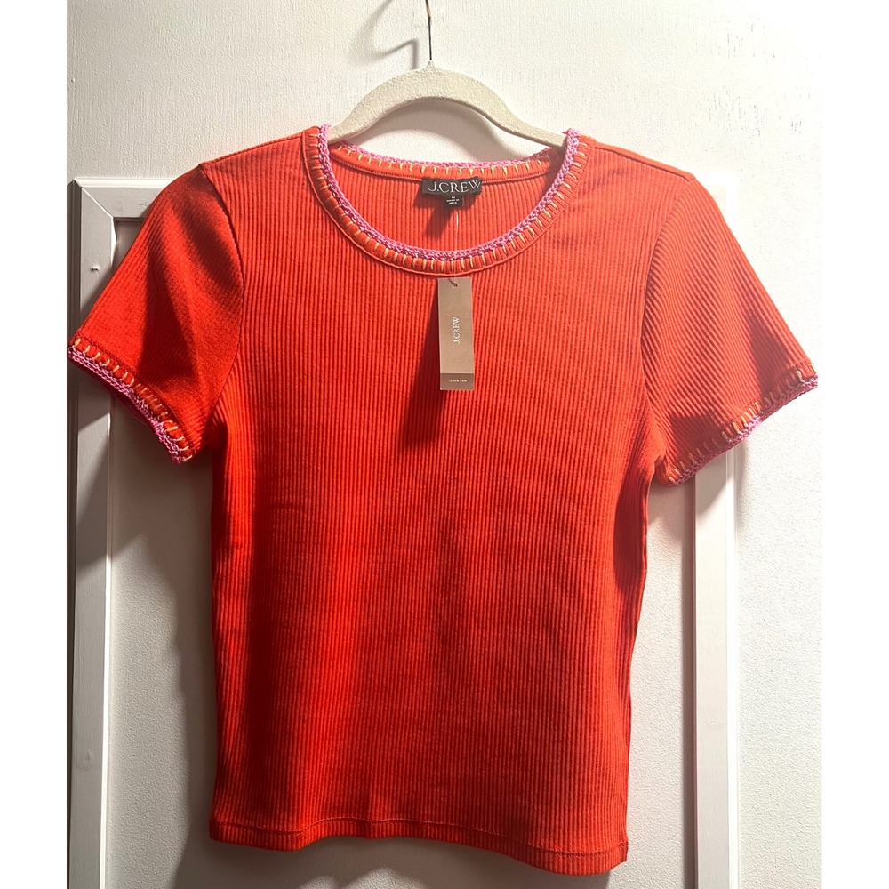 J.Crew Womens Orange Ribbed Short Sleeve Top Crochet Trim Crew Neck Medium NWT